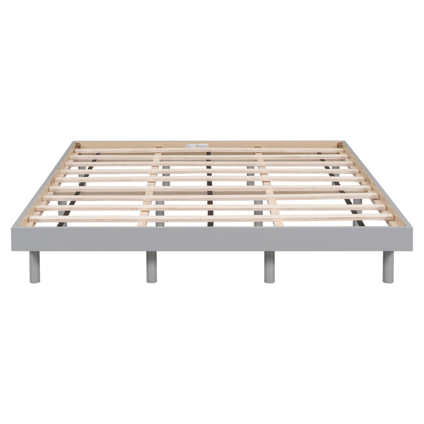 Bed frame with wooden slats on a white background