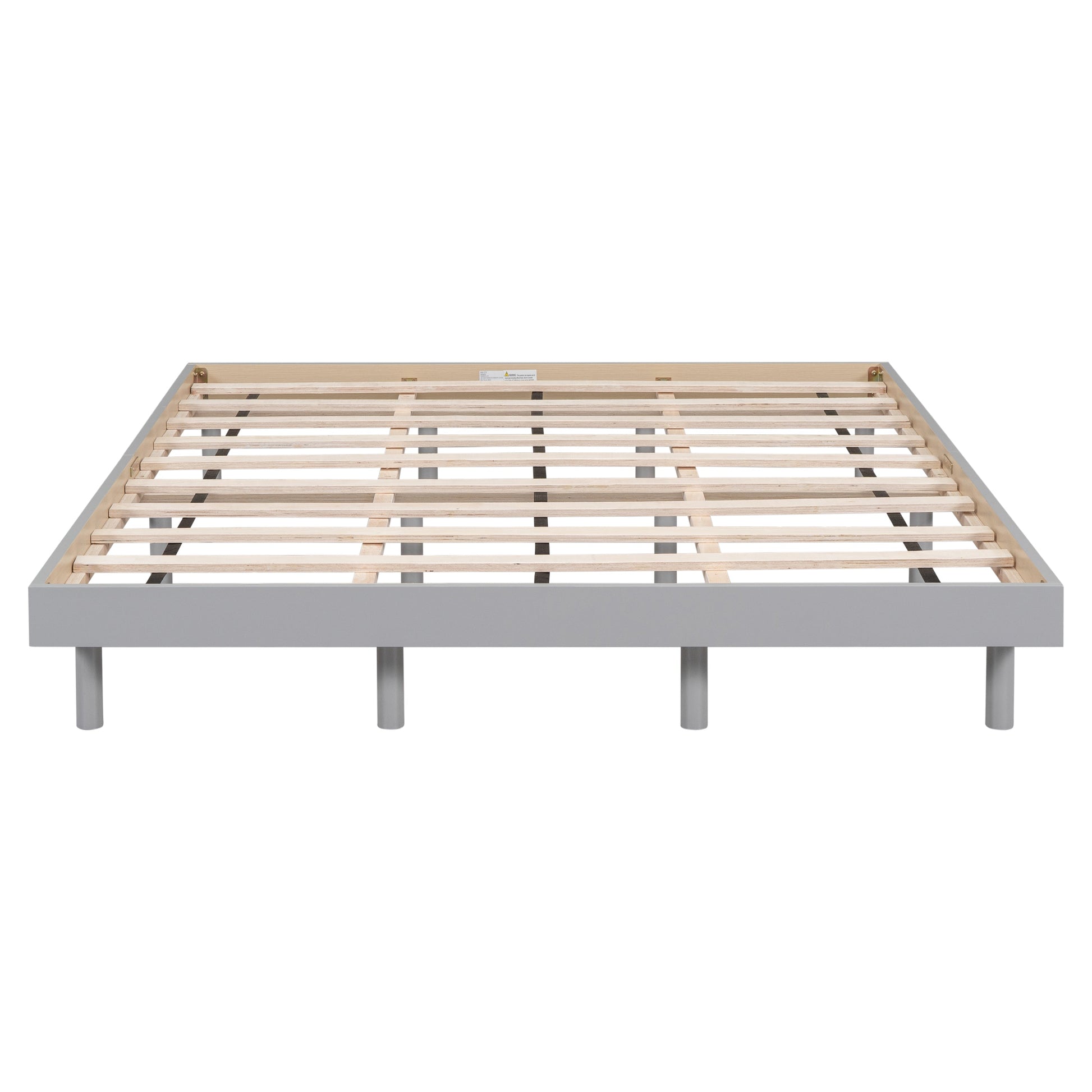 Bed frame with wooden slats on a white background