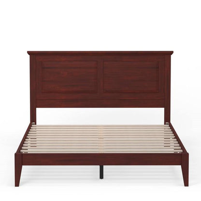 Queen cherry wood oak bed frame and headboard on white background