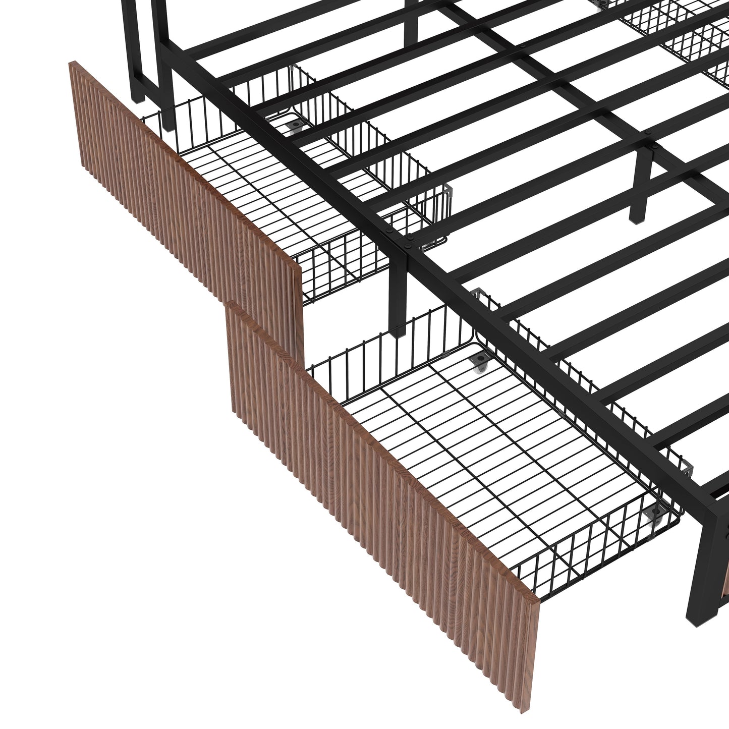 Queen metal bed frame with storage drawers on a white background