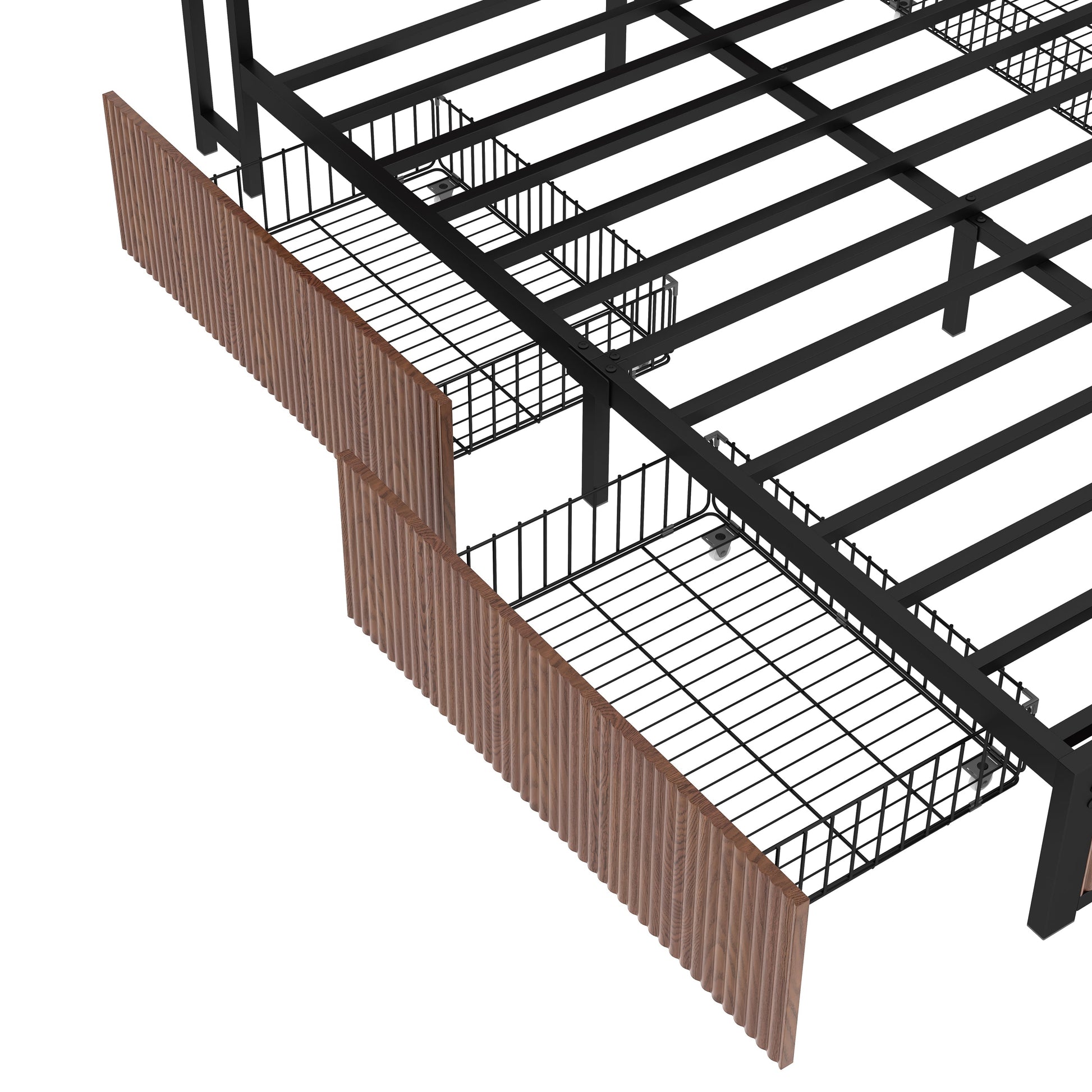 Queen metal bed frame with storage drawers on a white background