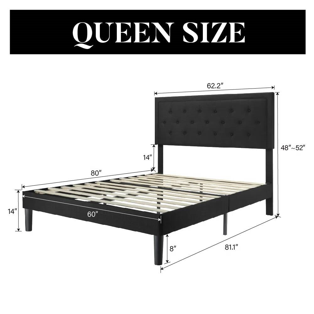 Queen size tufted platform  bed frame with dimensions labeled on a white background