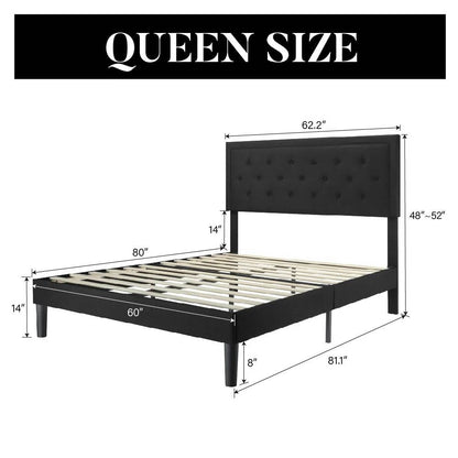 Queen size tufted platform  bed frame with dimensions labeled on a white background