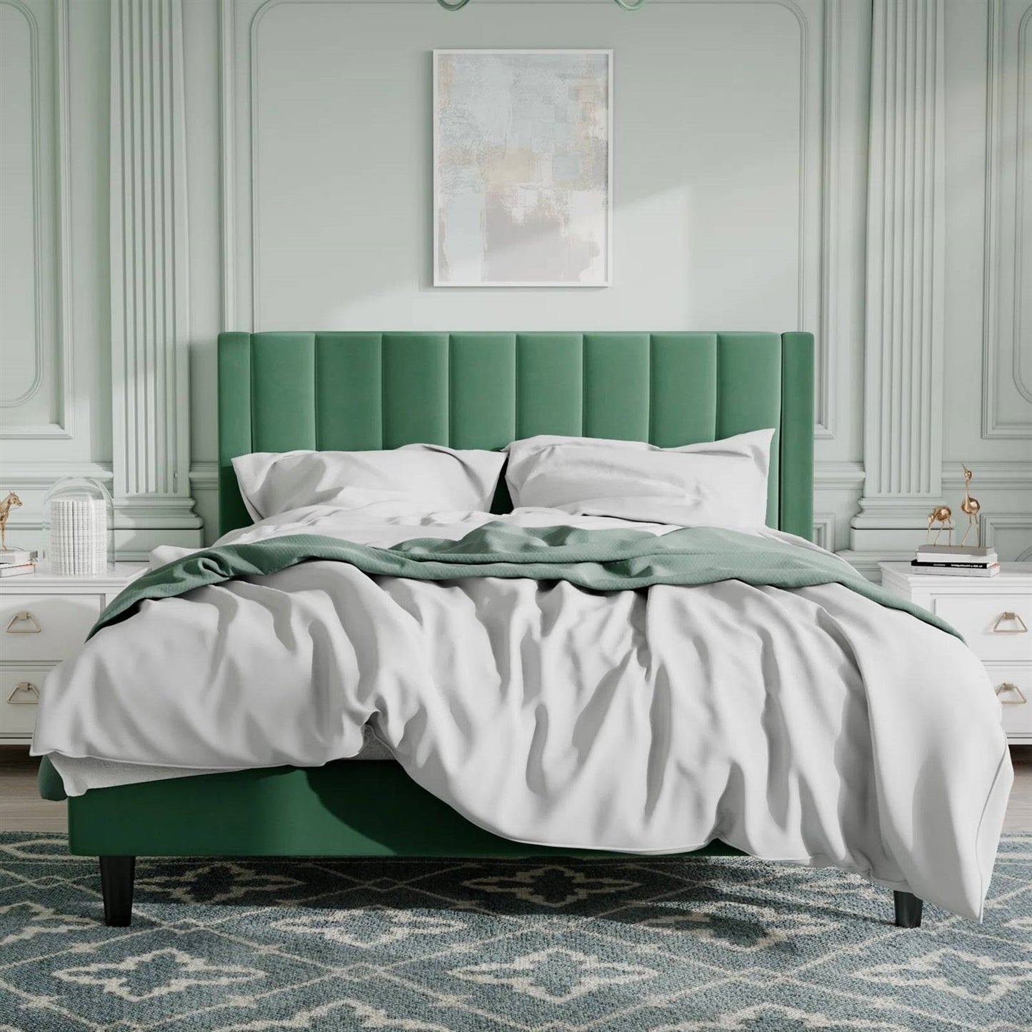 Queen size green upholstered bed with white bedding in a stylish bedroom.