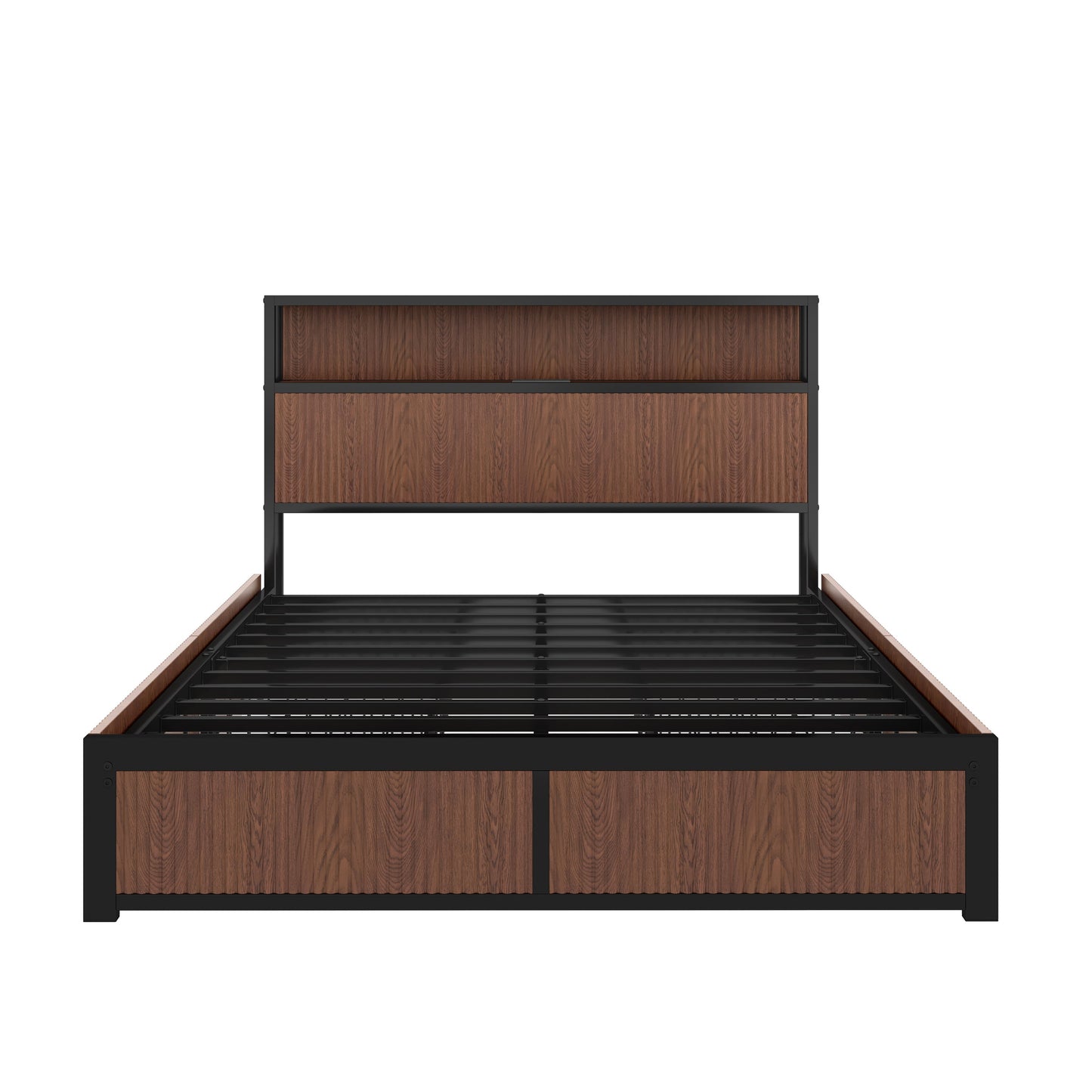 Queen wooden bed frame with brown and black finish on a white background
