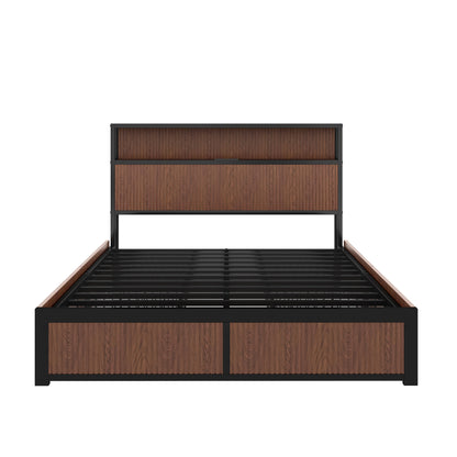 Queen wooden bed frame with brown and black finish on a white background