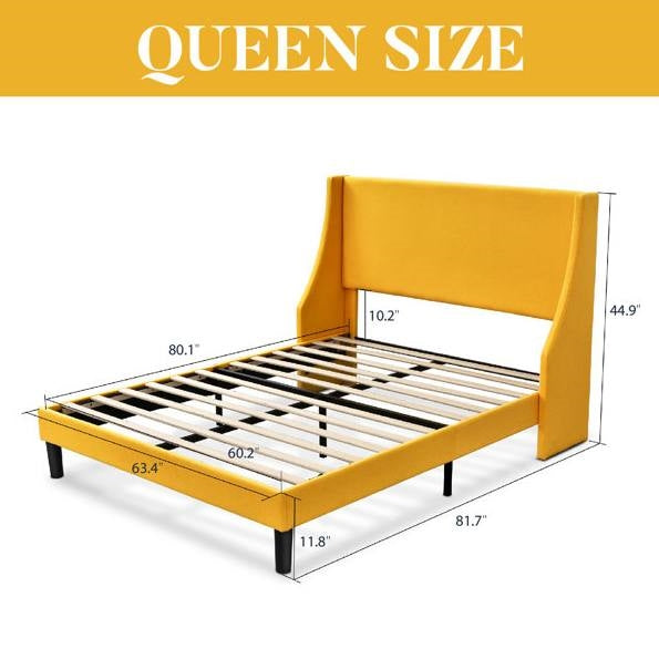 Queen size yellow platform bed with dimensions