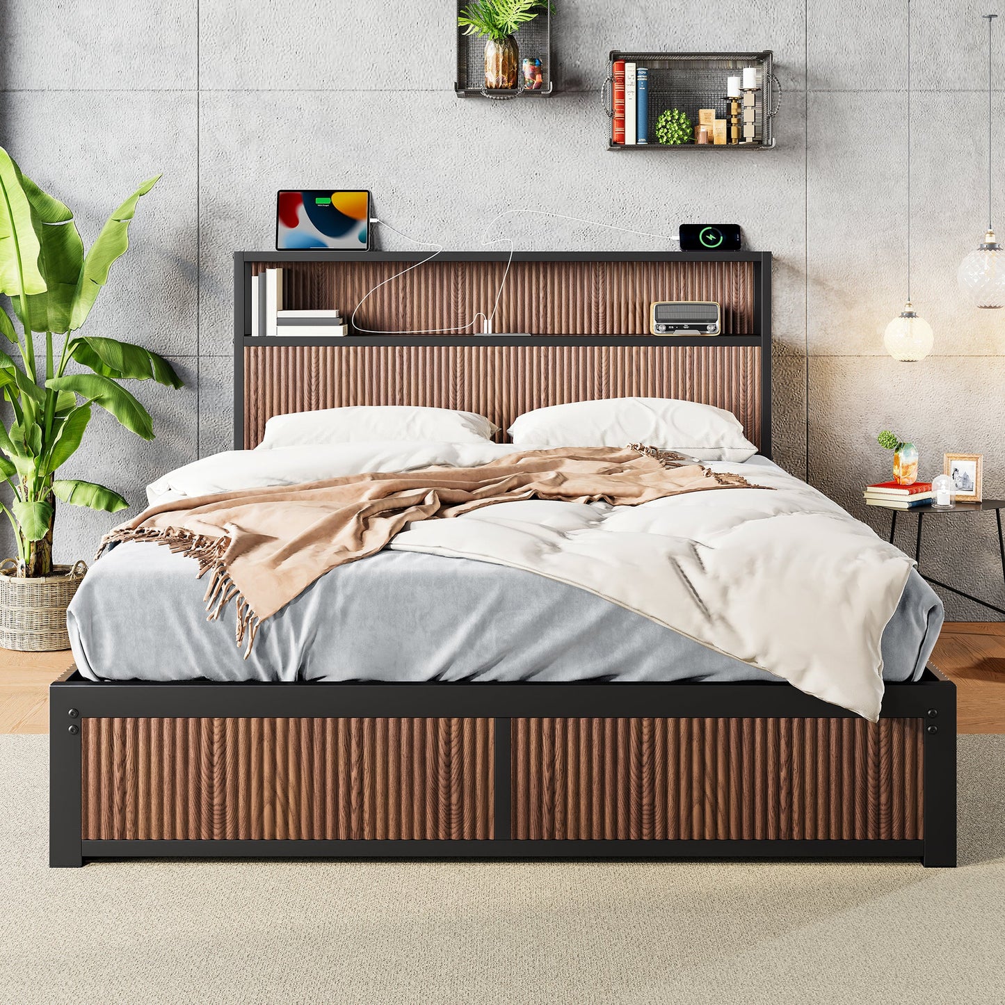 Modern luxury queen wooden and metal bed framewith storage and usb ports