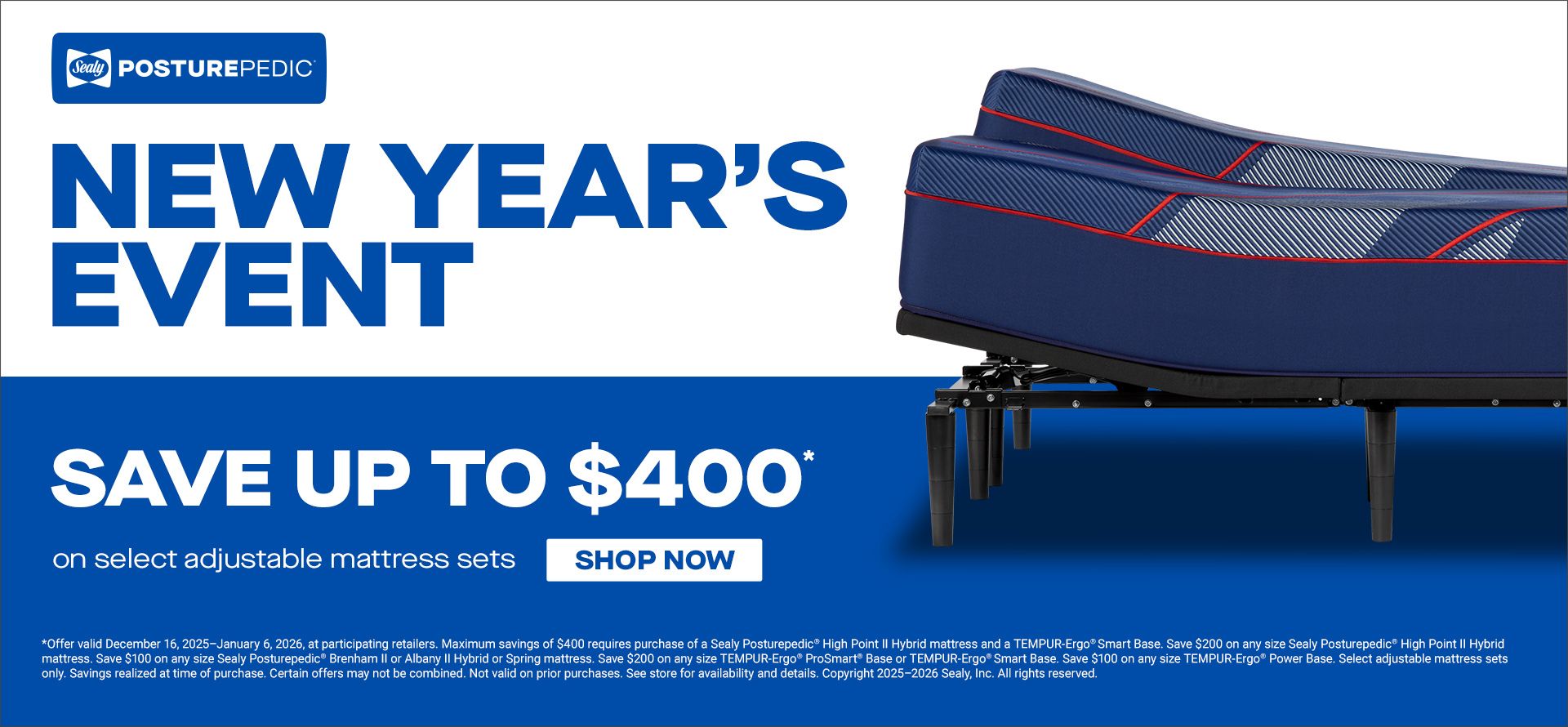 Advertisement for Posturepedic adjustable mattress sets with a New Year's Event offer on a blue and white background.