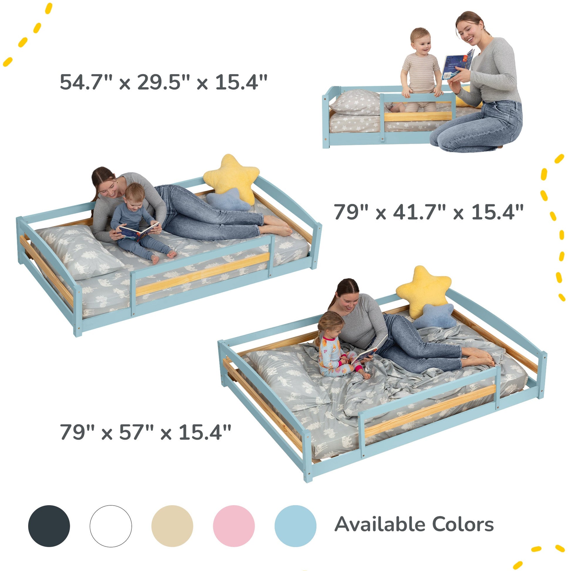Children's bed with star-shaped pillow and family using the bed, showing dimensions and color options.