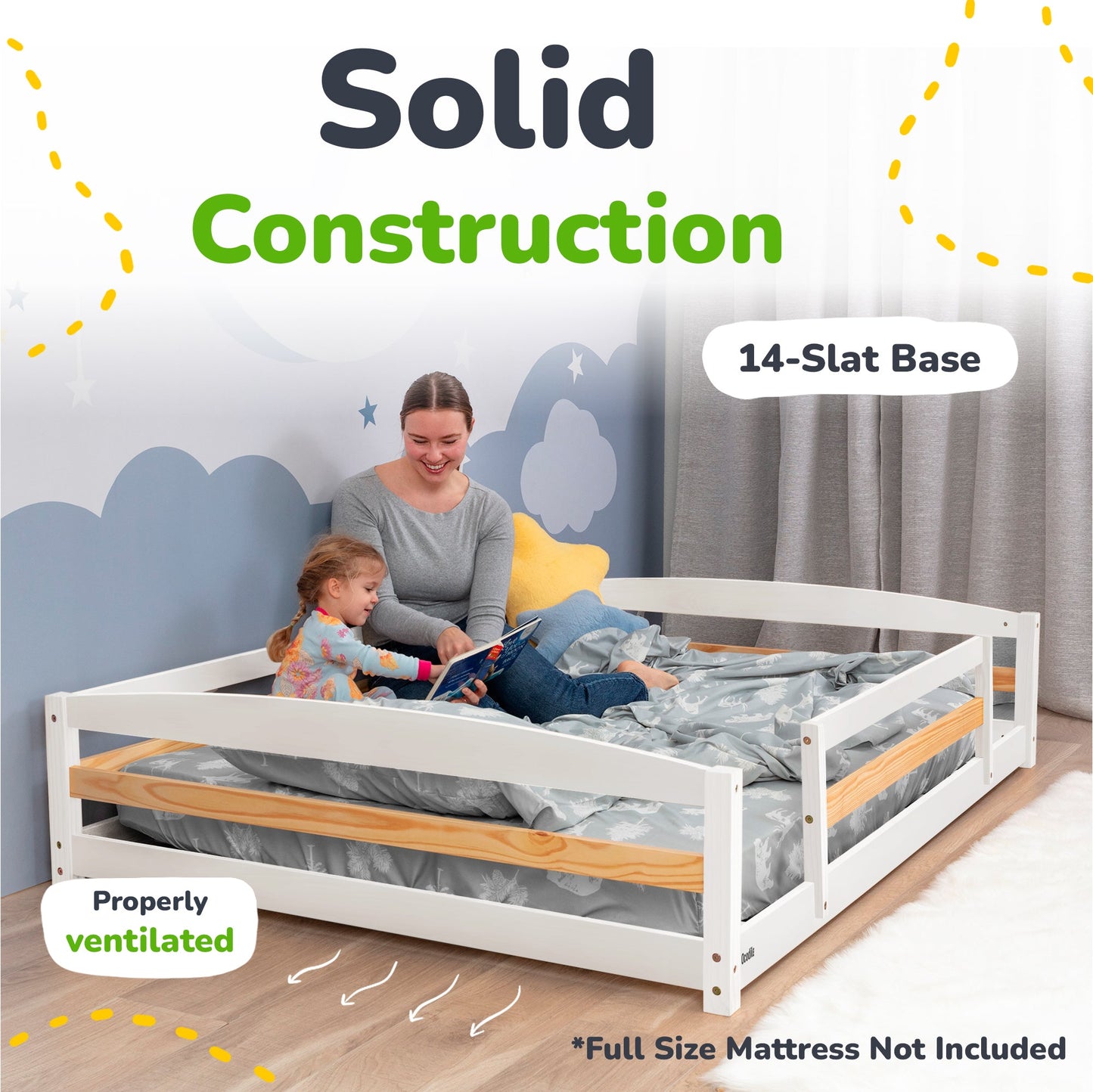 Woman and child reading in a white and wood bed with text about solid construction and 14-slat base.