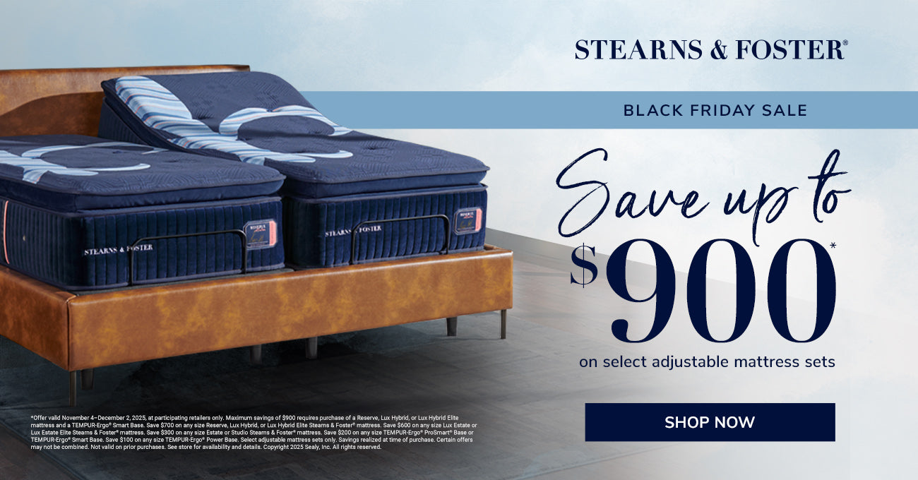 Advertisement for Stearns & Foster mattresses with a 'Black Friday Sale' offer on a bed frame.