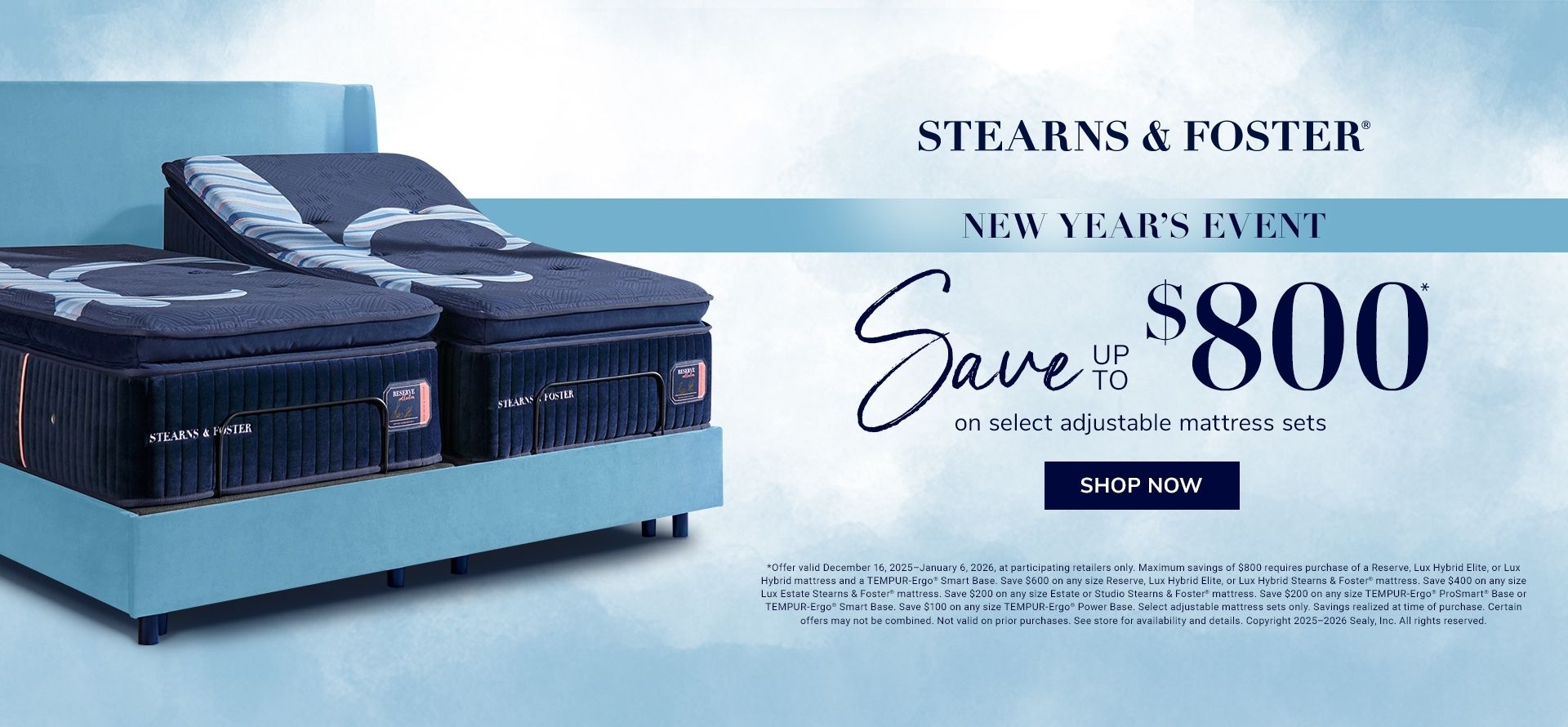 Stearns & Foster mattress set with promotional text on a light blue background