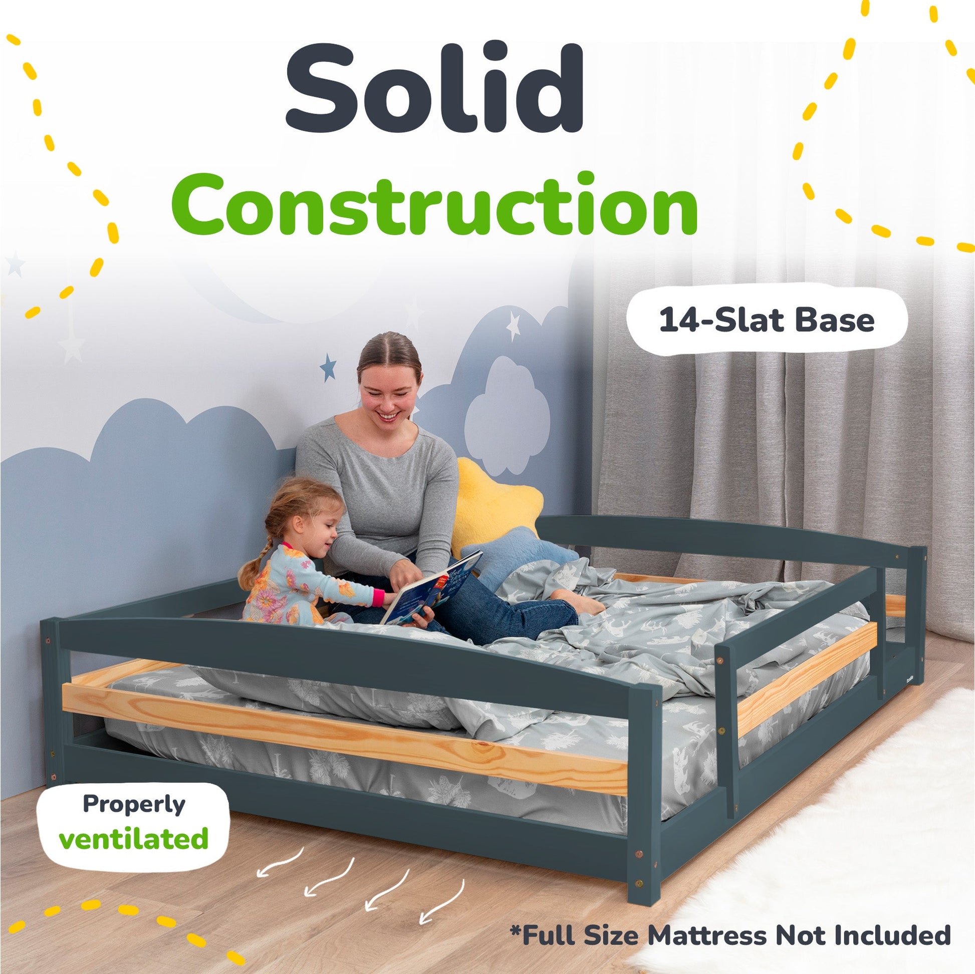 Woman and child on a solid construction bed with 14-slat base and properly ventilated design.
