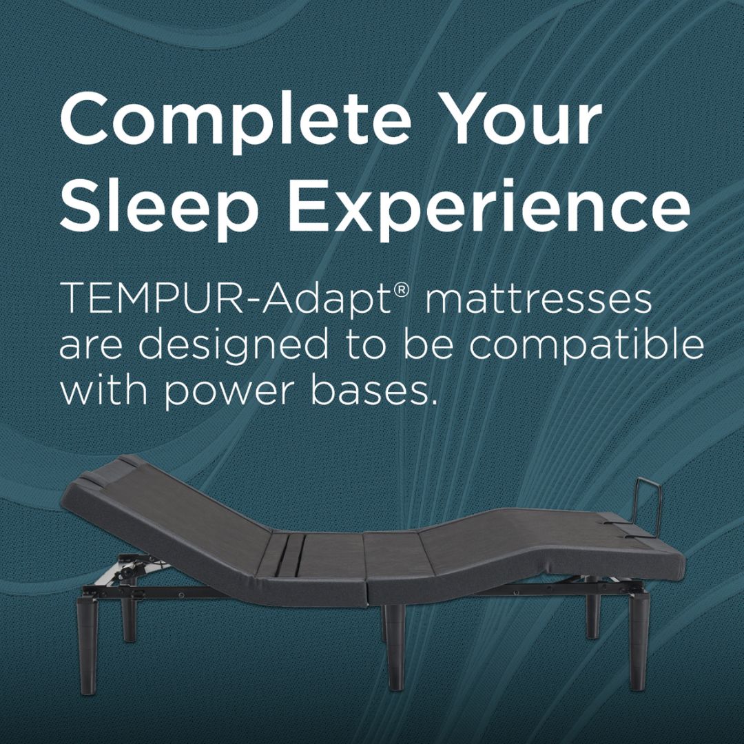 Adjustable bed with text about TEMPUR-Adapt mattresses on a blue background