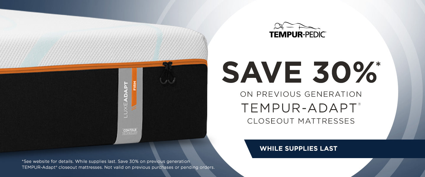 Tempur-Pedic mattress with a promotional banner offering a 30% discount on previous generation Tempur-Adapt mattresses.