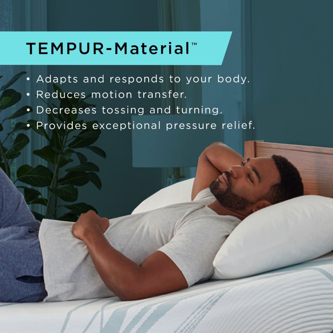 Man lying on a tempurpedic bed with TEMPUR-Material text highlighting features.