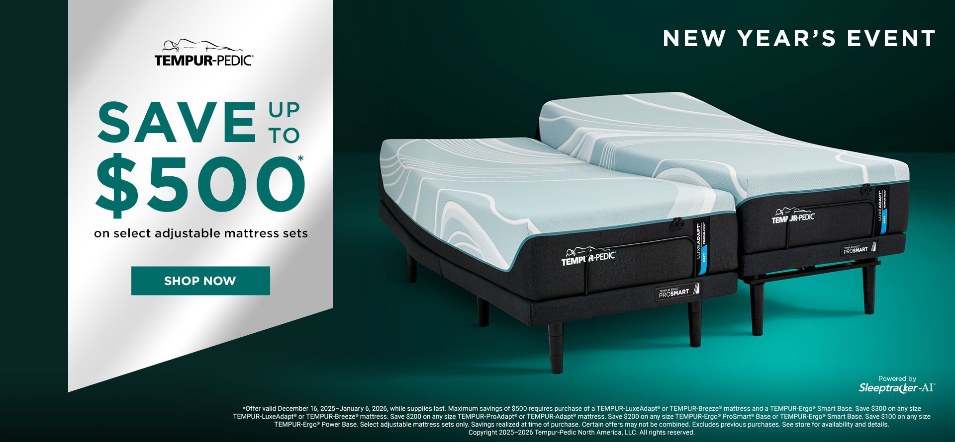 Tempur-Pedic mattress set with promotional text on a green background