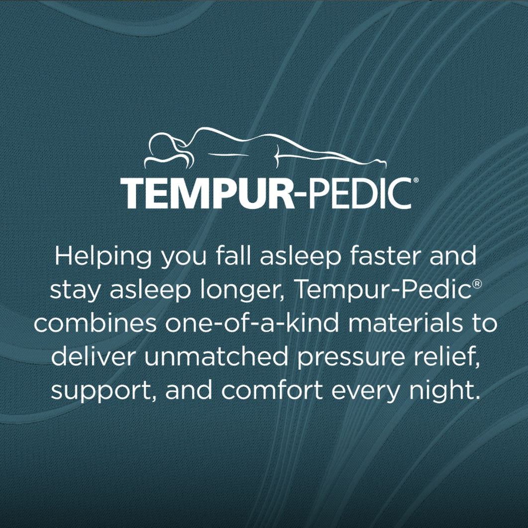 Tempur-Pedic advertisement with text and logo on a dark blue background