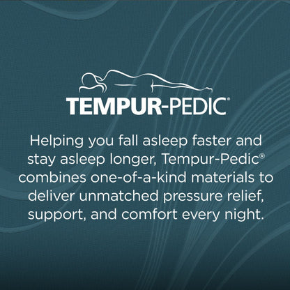 Tempur-Pedic advertisement with text and logo on a dark blue background