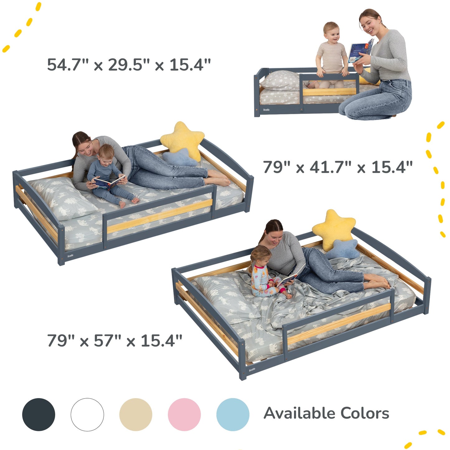 Children's bed with measurements and family using the bed on a white background