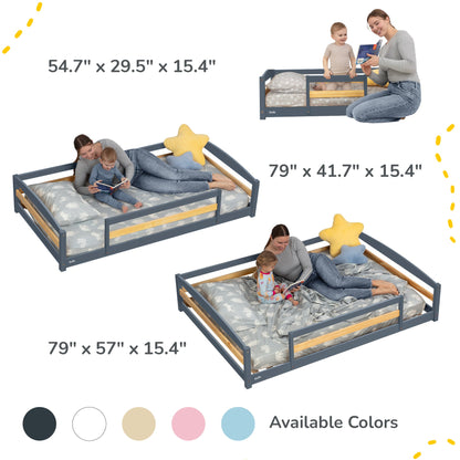 Children's bed with measurements and family using the bed on a white background