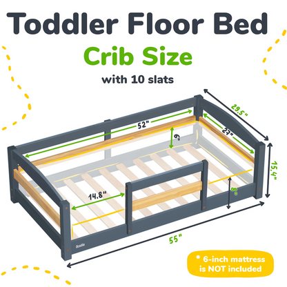 Diagram of a toddler floor bed with dimensions labeled