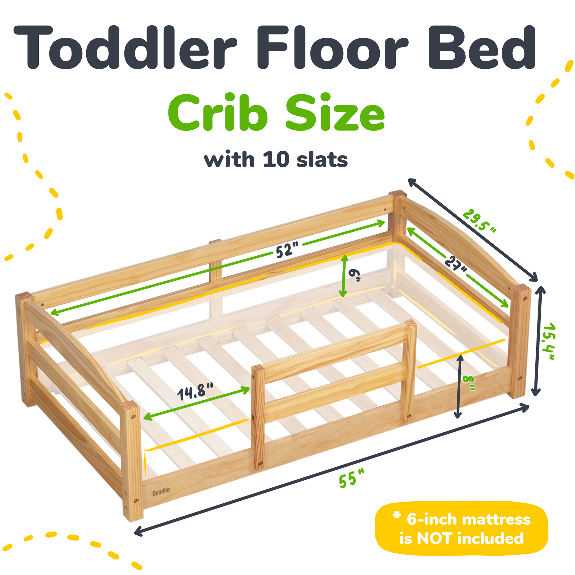 Measurement chart of a toddler floor bed with dimensions labeled