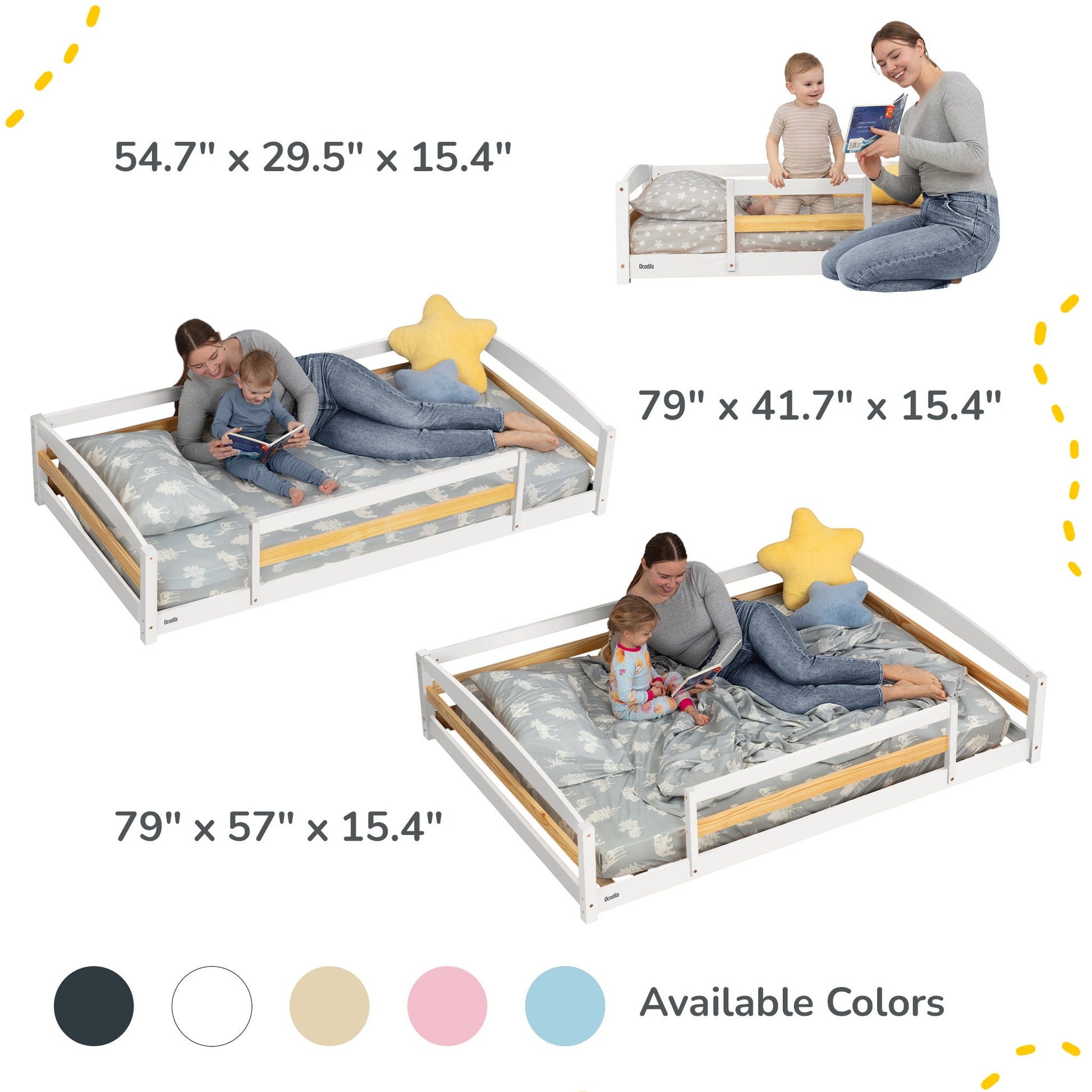 Children's bed with mattress sizes and family using the bed.
