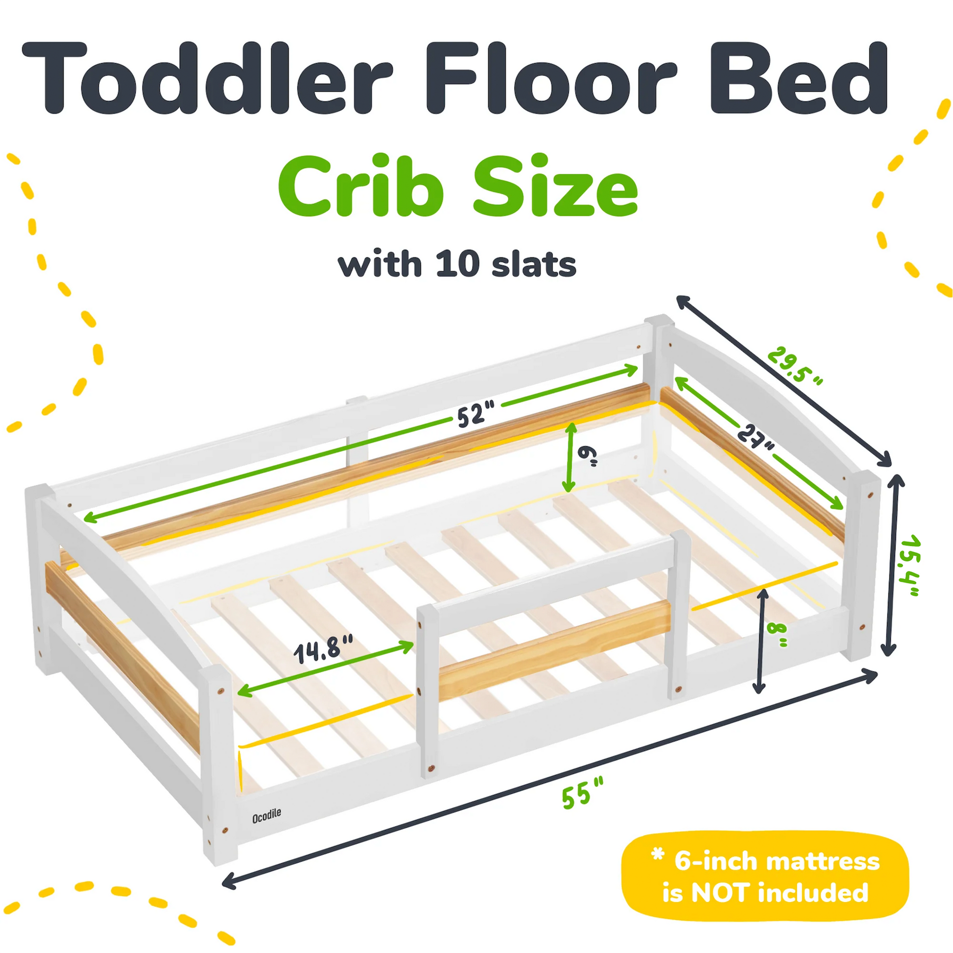 Measurement chart of a toddler floor bed with crib size dimensions.