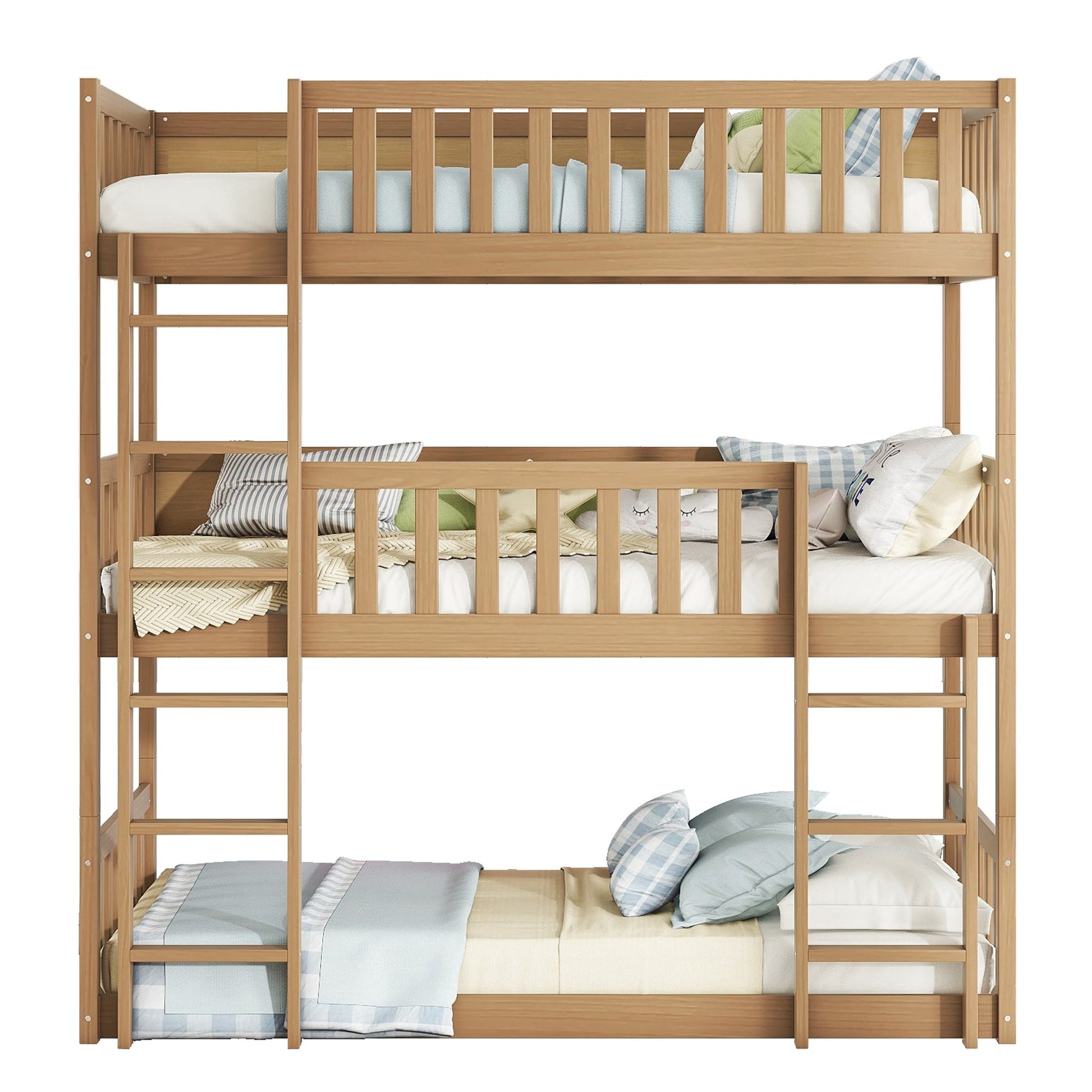 Affordable triple wood twin bunk bed with white bedding