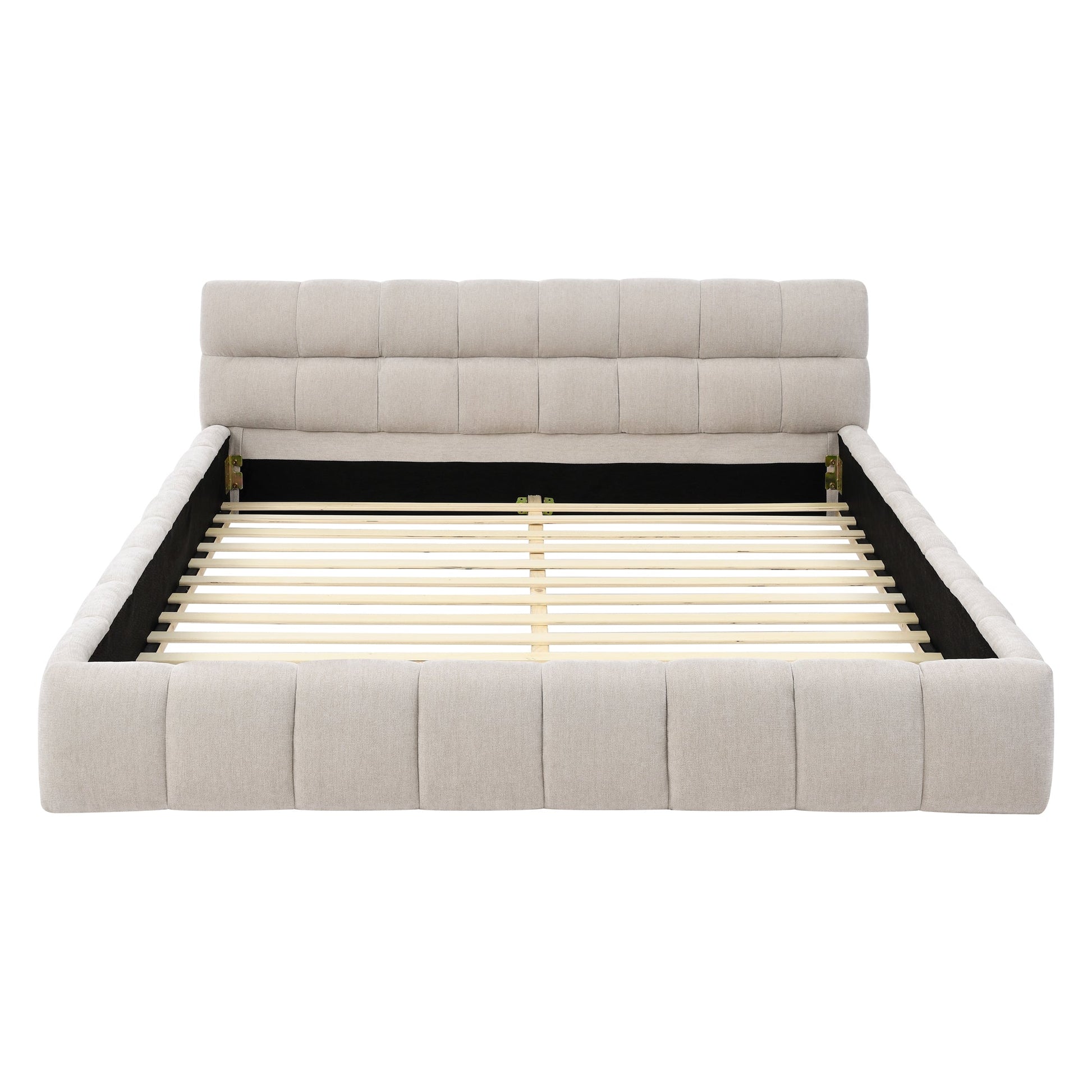 Beige upholstered bed frame with wooden slats on a white background