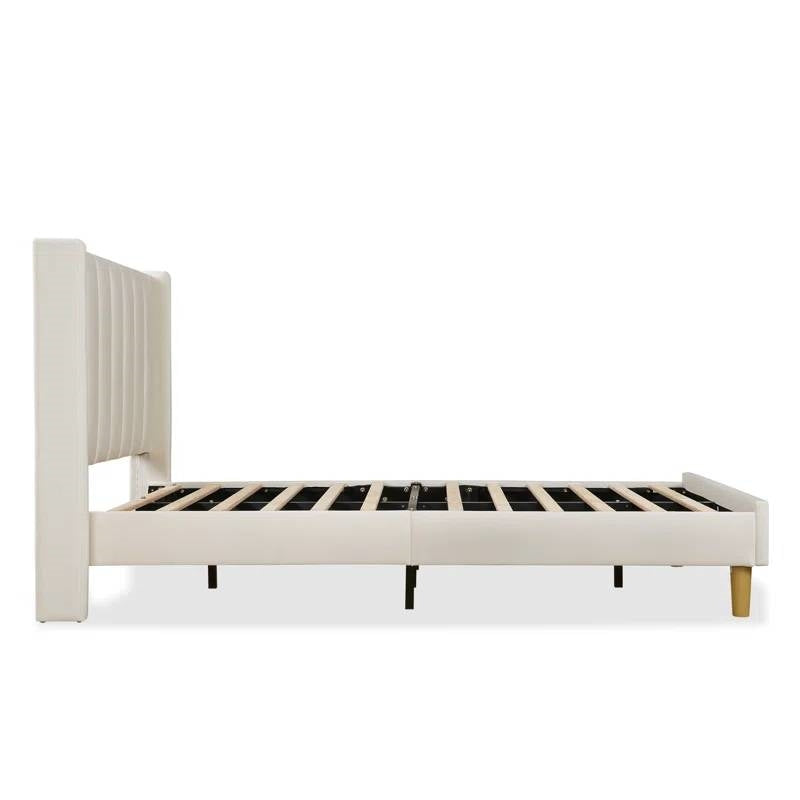 White bed frame with wooden slats on a white background