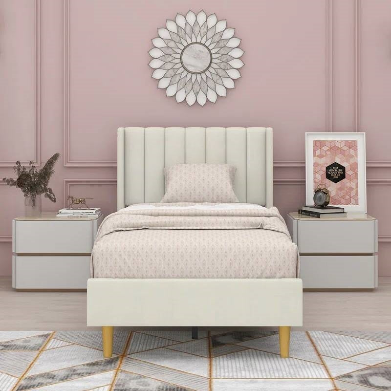 Twin cream velvet upholstered platform bed