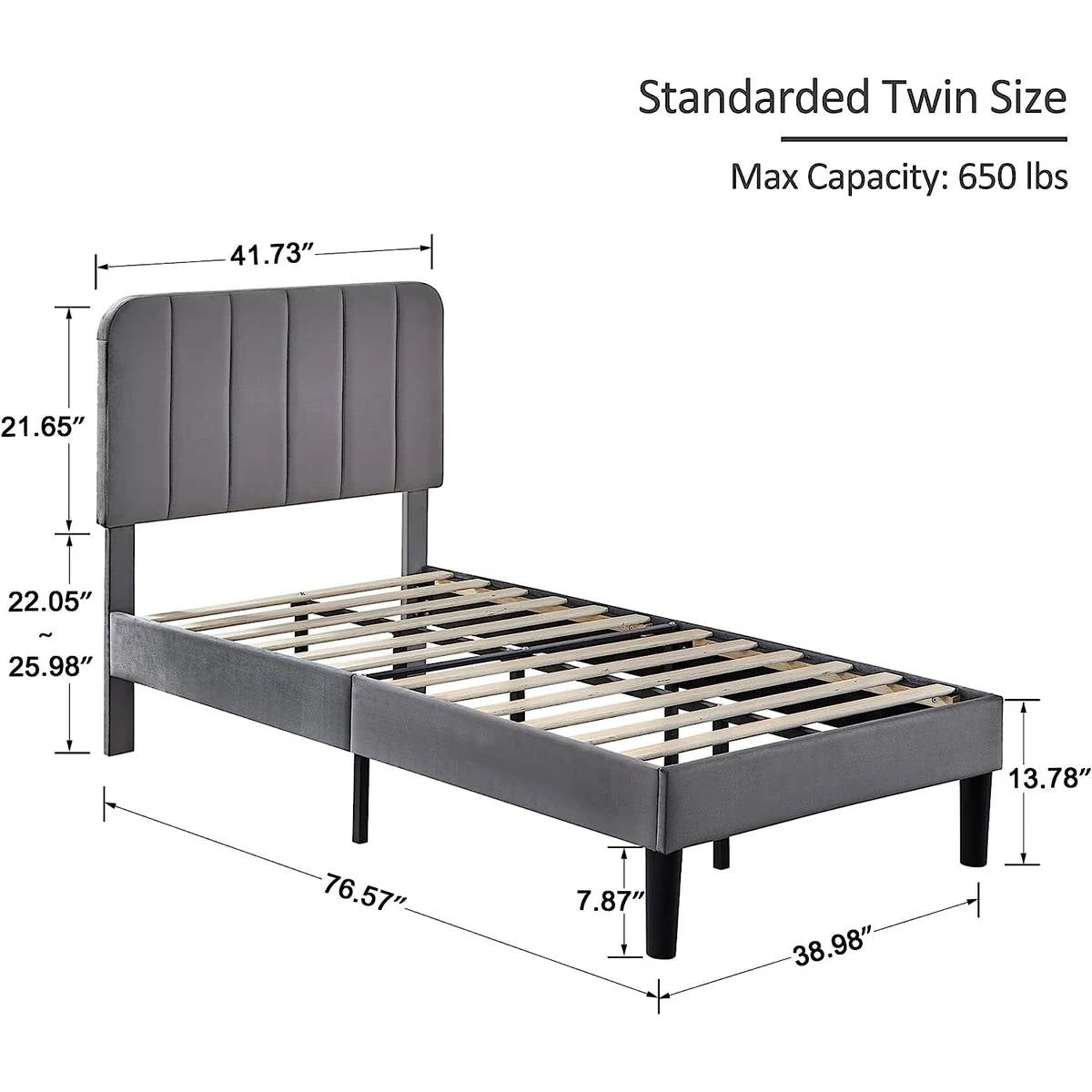 Gray twin size bed frame with dimensions and capacity details on a white background