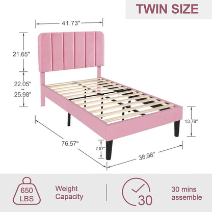 Pink twin size bed frame with dimensions and assembly time on a white background