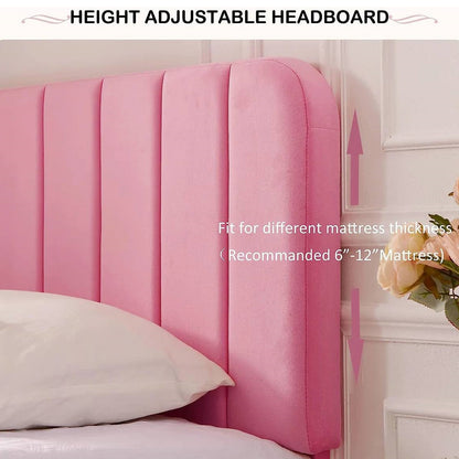 Pink height adjustable headboard with text indicating its adjustable nature and compatibility with different mattress thicknesses.