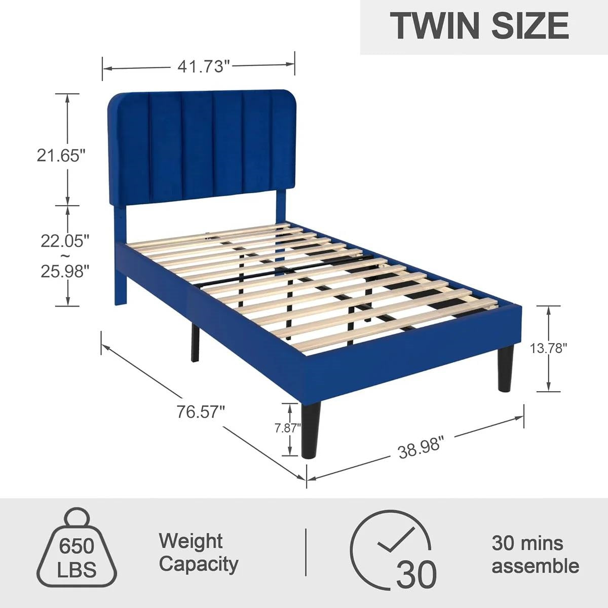 Blue twin size bed with dimensions and assembly information on a white background