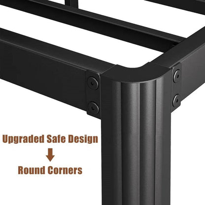 Black metal twin xl size bed frame corner with round corners and text indicating upgraded safe design.