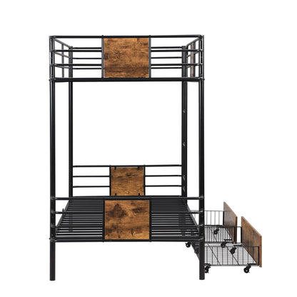 Black TXL metal bunk bed with wooden panels on a white background
