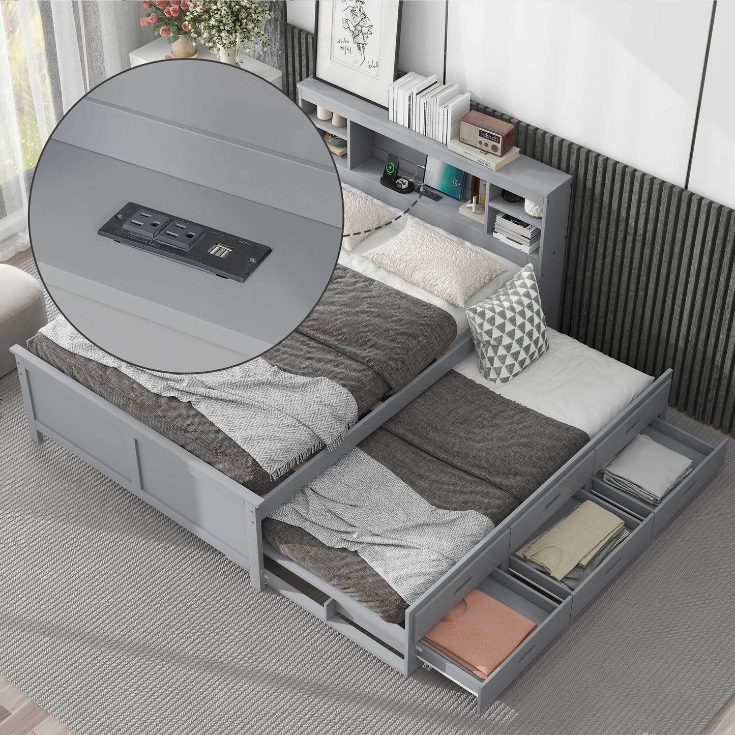 Gray full size bed with storage drawers and usb plus outlets