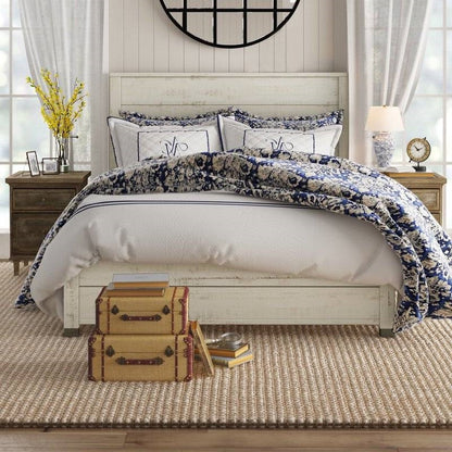 White farmhouse style full size platform bed