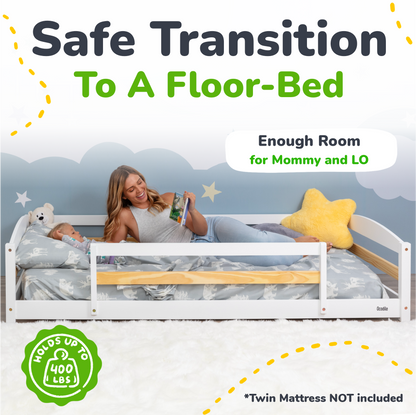 Woman lying on a floor-bed with a child, surrounded by stars and clouds, with text about a safe transition to a floor-bed.