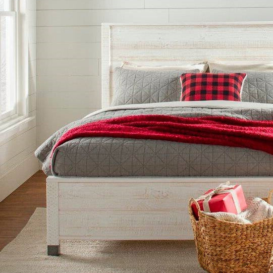 White farmhouse style wood bed frame