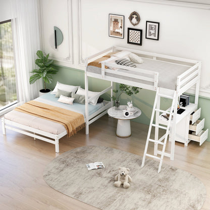 Small bedroom with a white loft bed, desk, and chair.