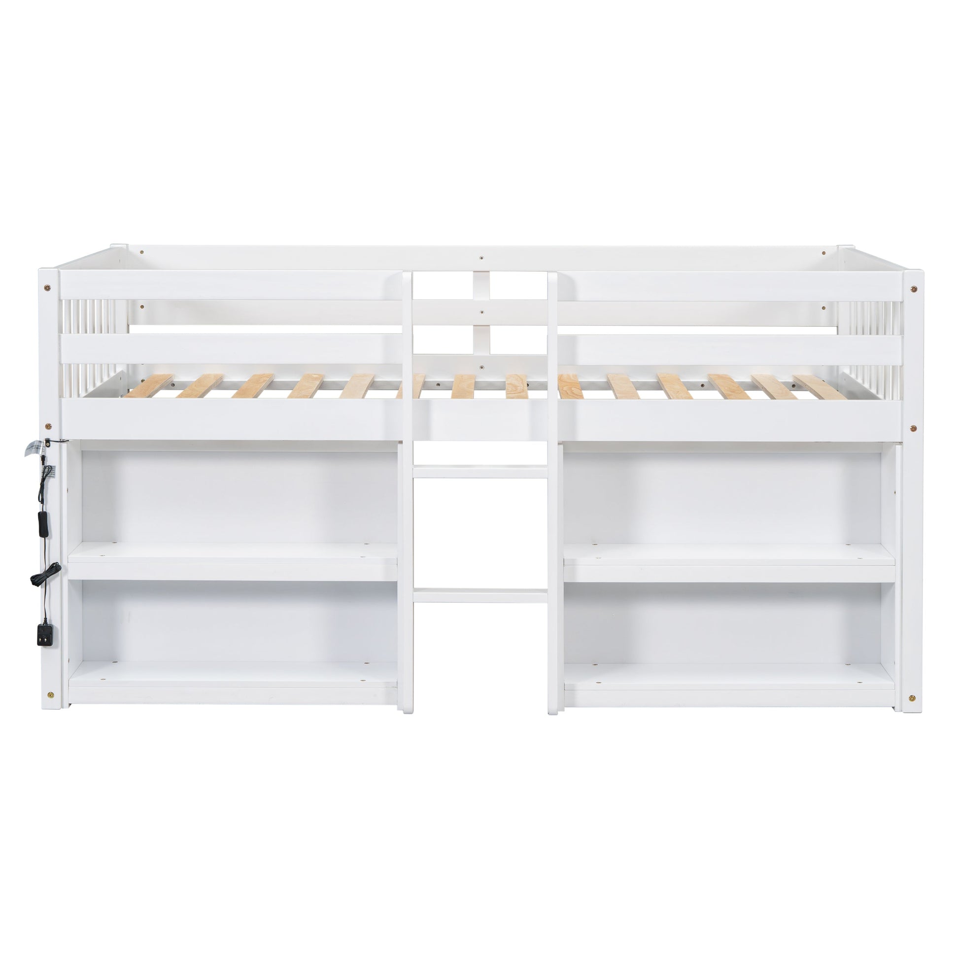 Children's twin white playroom loft bed with a shelves, featuring LED light.