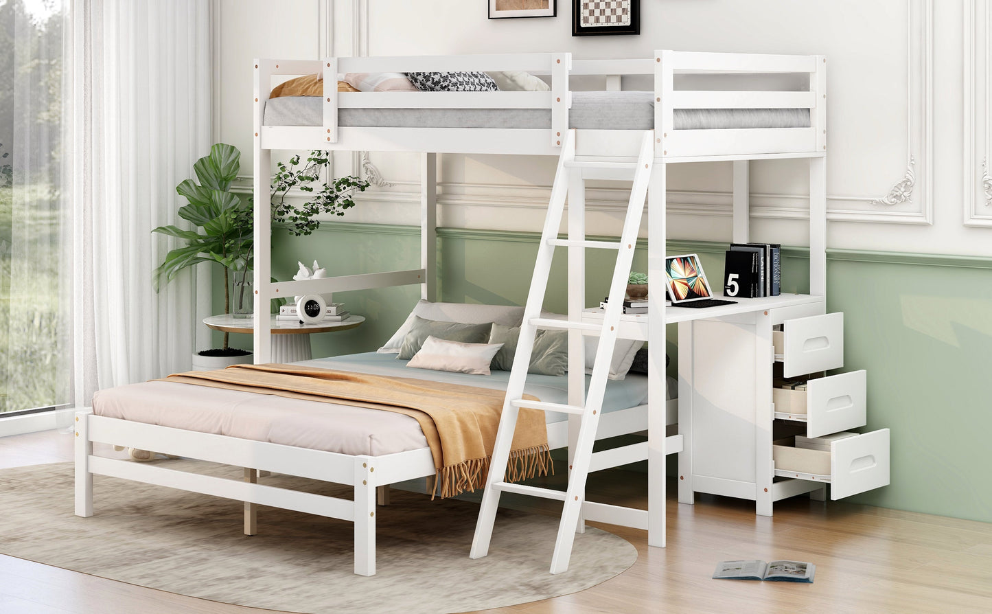 White bunk bed with desk in a room with light green walls and large windows.