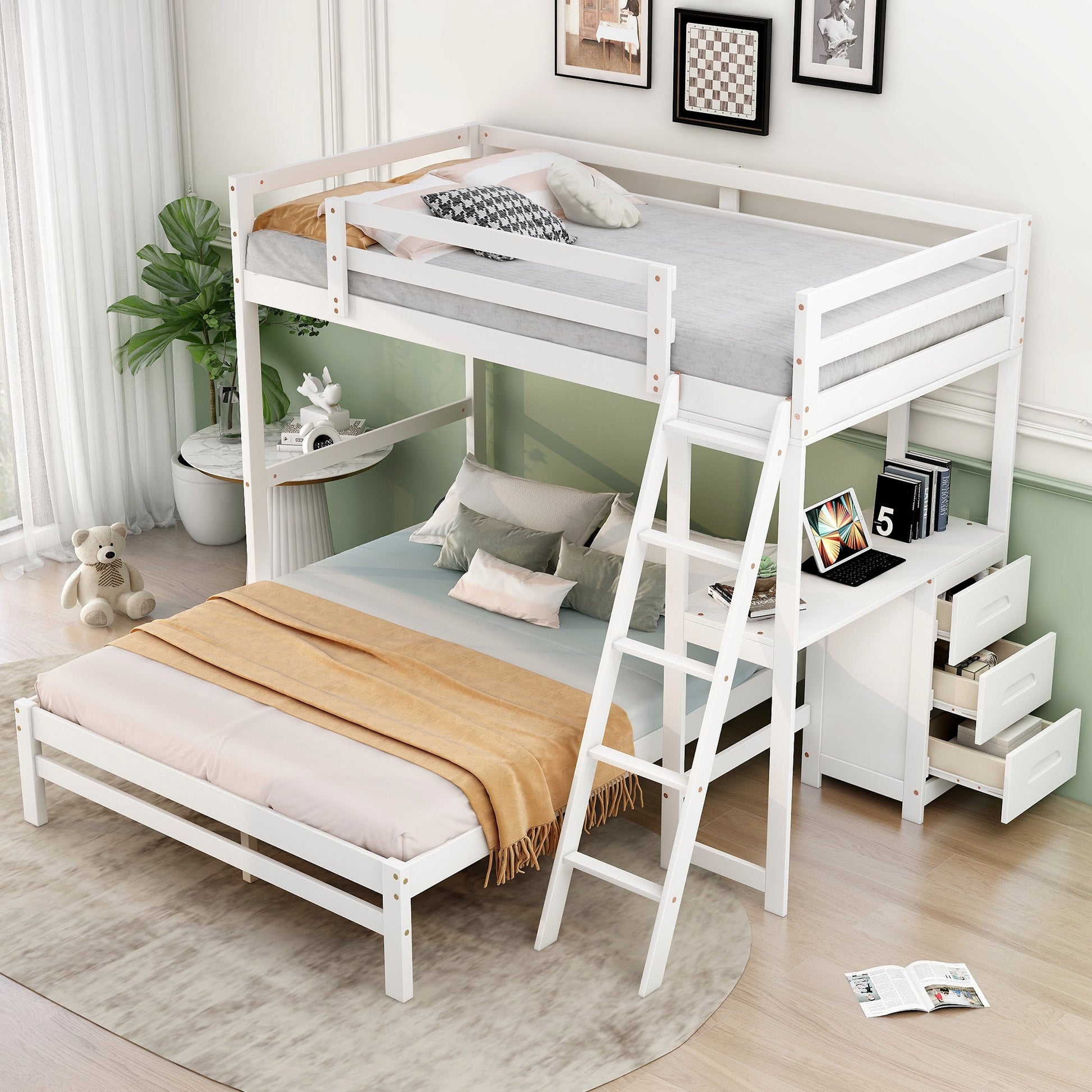 Luxury white loft bunk bed with desk in a room with decor elements.