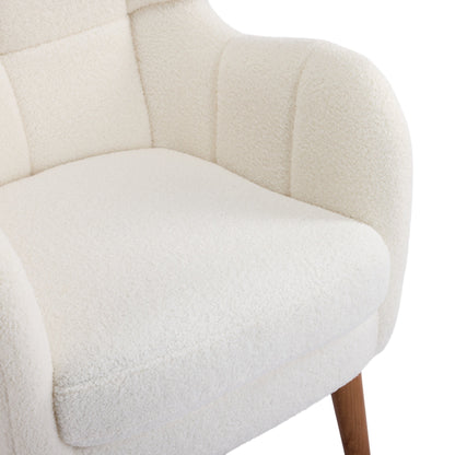 Close-up of a textured white chair with wooden legs on a white background