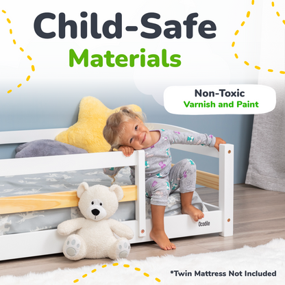 Child playing in a white crib with a teddy bear, surrounded by text about child-safe materials and non-toxic varnish and paint.